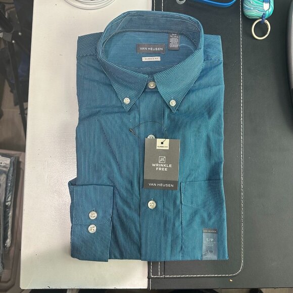 Van Heusen Men's Classic Fit Wrinkle-Free Dress Shirt Size S Teal Striped Cotton - Picture 6 of 6